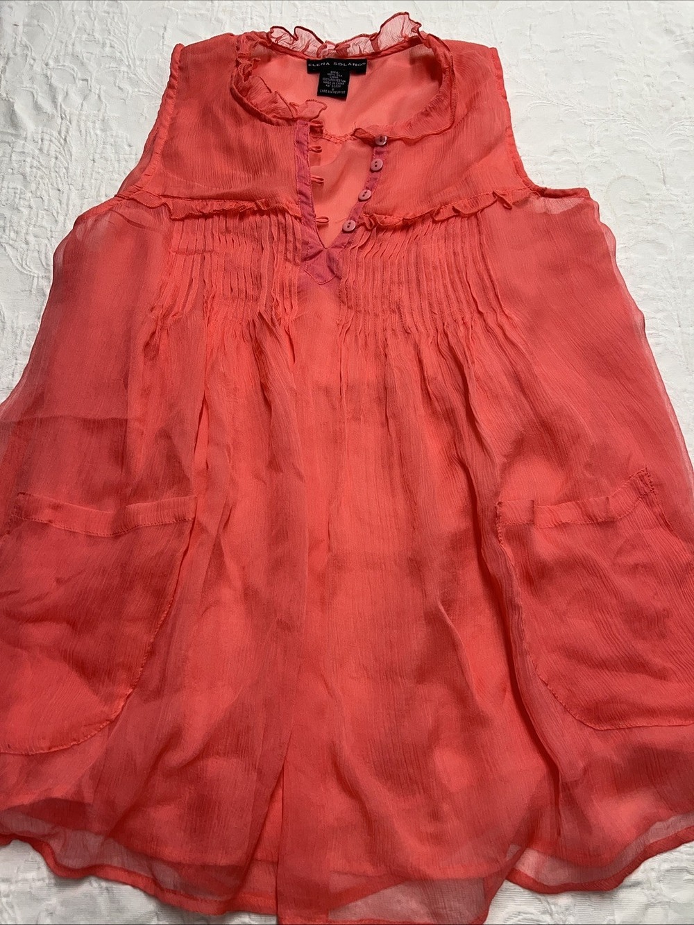 Elena Solano Tunic Top blouse ruffle S Sleeveless pockets Lined smocked babydoll